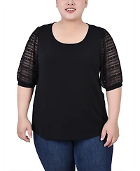 Ny Collection Plus Size Short Burnout Sleeve Scoop Neck Top