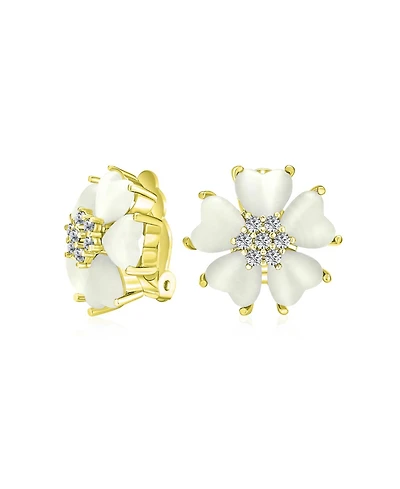 Bling Jewelry Romantic Natural Cat Eye Button-Style Heart-Shaped Petals Flower Clip-On Earrings Yellow Gold Plated