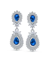 Bling Jewelry Fashion Art Deco Style Teardrop Shaped Halo Cubic Zirconia Clear Royal Blue Statement Elegant Chandelier Clip On Earrings Prom