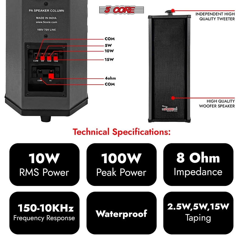 5 Core Wall Mount Enclosed Speaker Black - 200W Combined Pmpo and 20W Rms Speaker System