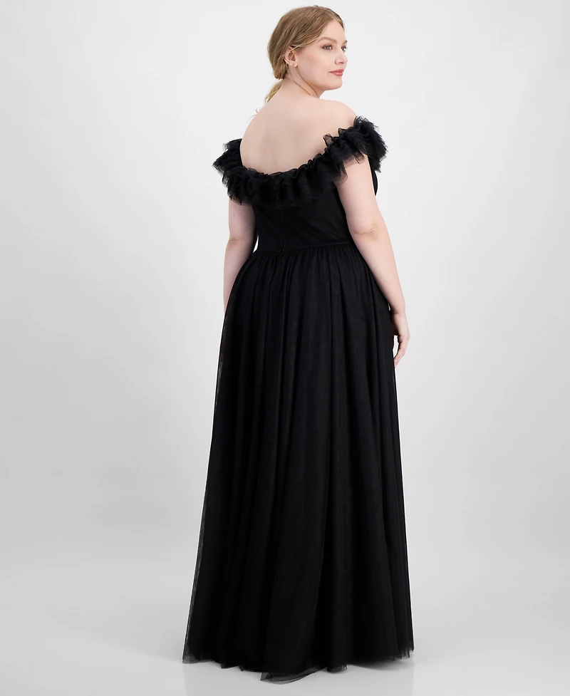 City Studios Trendy Plus Tulle-Trim Off-The-Shoulder Gown, Created for Macy's