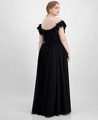 City Studios Trendy Plus Tulle-Trim Off-The-Shoulder Gown, Created for Macy's