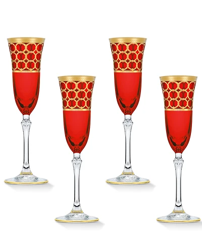 Lorren Home Trends Deep Red Colored Champagne Flutes with Gold-Tone Rings, Set of 4