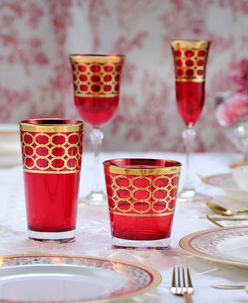 Lorren Home Trends Deep Red Colored Double Old Fashion with Gold-Tone Rings, Set of 4