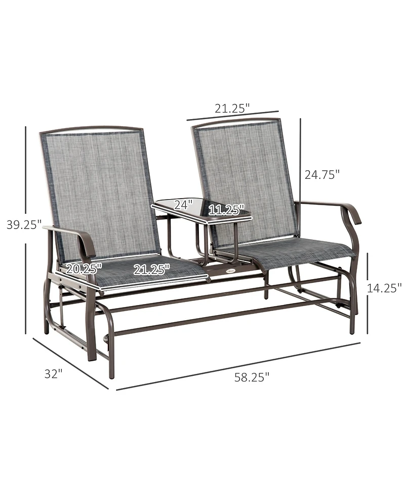 Outsunny 2-Person Outdoor Glider Bench w/ Center Table, Steel Frame for Backyard Garden Porch, Gray