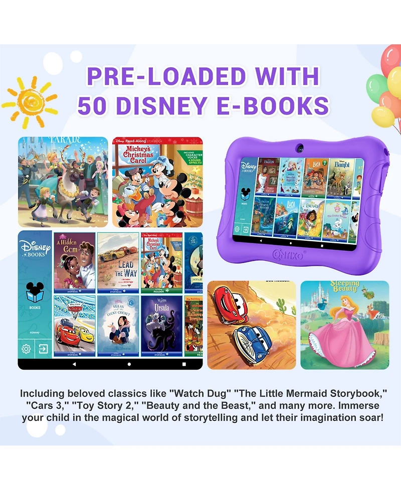 Contixo 7" Android Kids Tablet 32GB, Includes 50+ Disney Storybooks & Stickers, Protective Case with Kickstand, (2024 Model)