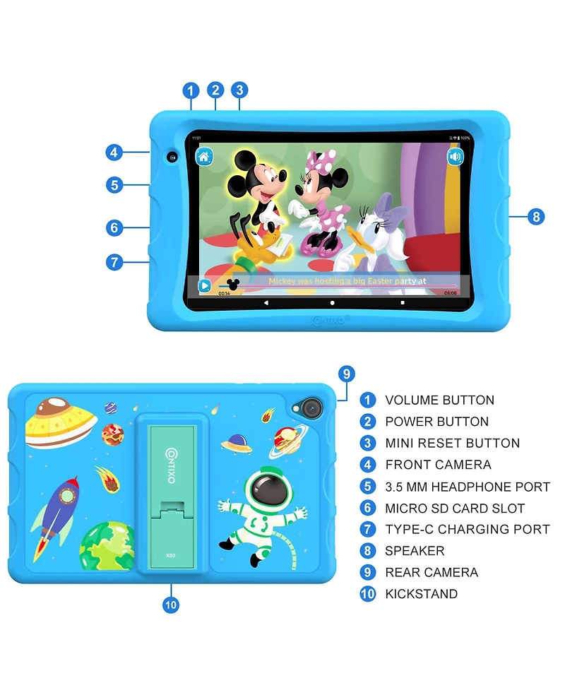 Contixo 8" Android Kids Tablet 64GB, Includes 80+ Disney Storybooks & Stickers, Kid-Proof Case with Kickstand, (2024 Model)