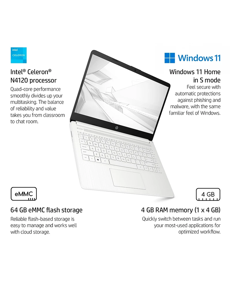 14" Hp Laptop, Intel Celeron N4500, 4GB DDR4 Ram, 64GB eMMC, Wi-Fi 5, Windows 11 Home, White