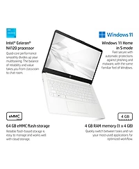 14" Hp Laptop, Intel Celeron N4500, 4GB DDR4 Ram, 64GB eMMC, Wi-Fi 5, Windows 11 Home, White