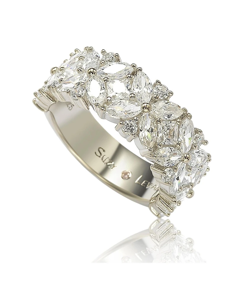 Suzy Levian Sterling Silver Multi-Cut Cubic Zirconia Floral 3/4 Eternity Ring
