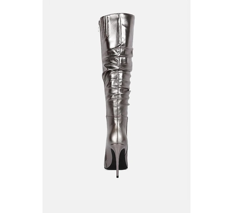 New-expression Pink Metallic Ruched Stiletto Knee Boots
