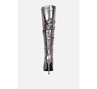 New-expression Pink Metallic Ruched Stiletto Knee Boots