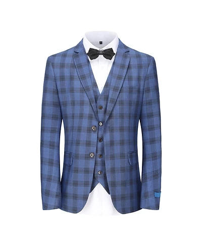 Gino Vitale Men's 3-Piece Performance Stretch Slim Fit Blue & Black Plaid Suit
