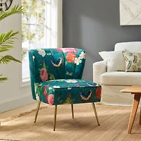 Tufted Floral Fabric Accent Chair with Gold Metal Legs for Living Room