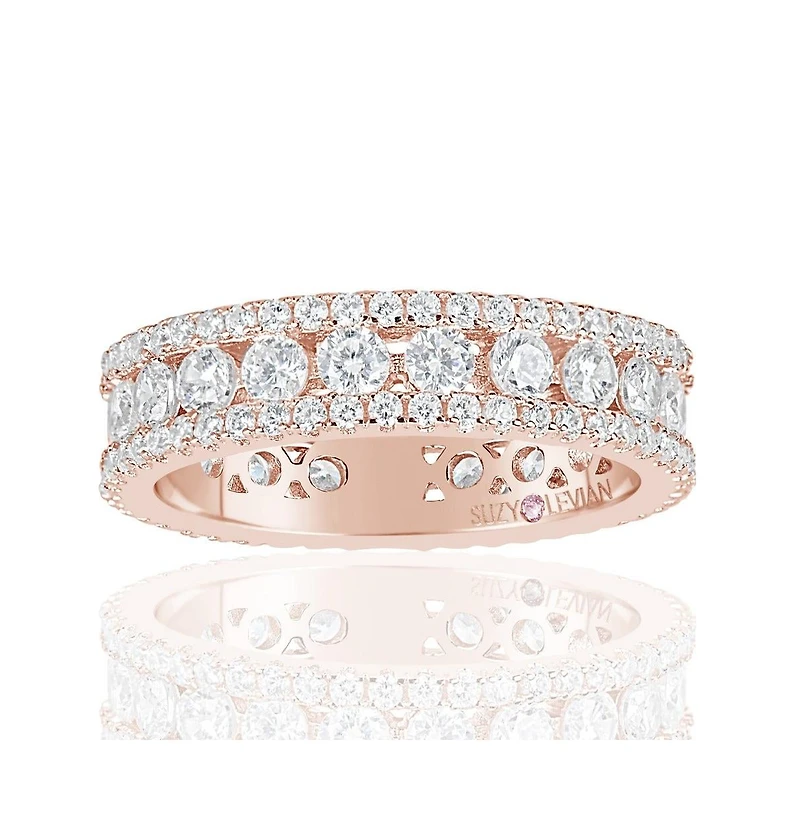 Suzy Levian Sterling Silver Cubic Zirconia Three Row Modern Eternity Band Ring