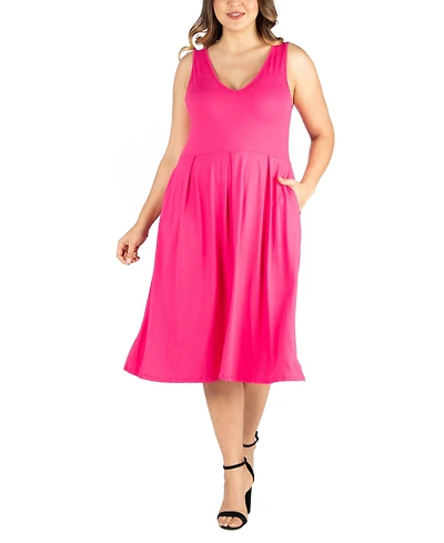 24seven Comfort Apparel Plus Midi Fit and Flare Pocket Dress