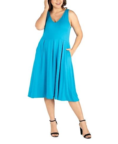 24seven Comfort Apparel Plus Midi Fit and Flare Pocket Dress