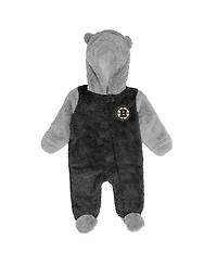 Newborn and Infant Boys and Girls Black Boston Bruins Game Nap Teddy Fleece Bunting Full-Zip Sleeper