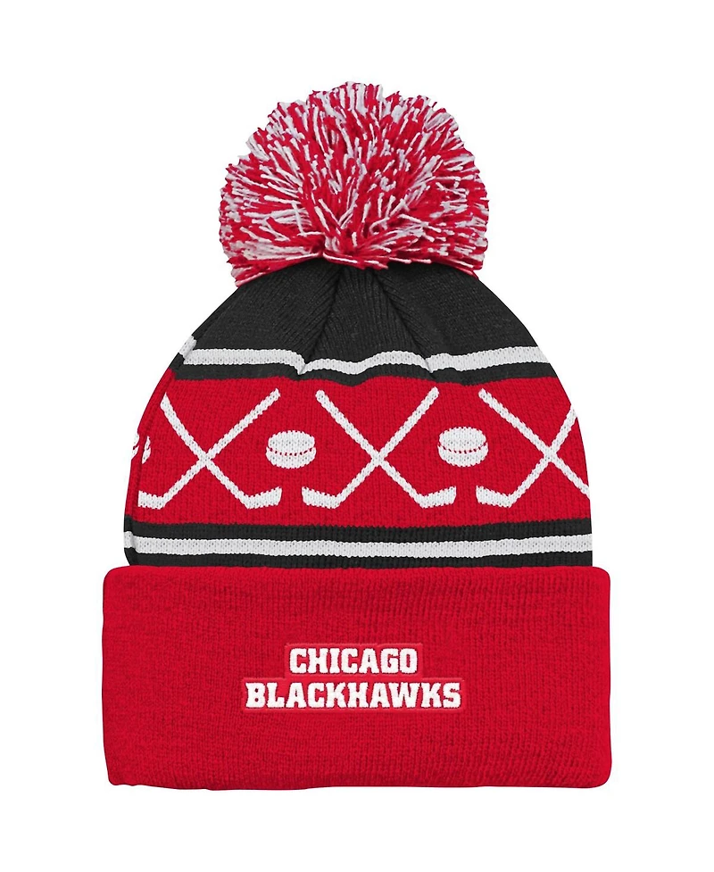 Youth Boys and Girls Red Chicago Blackhawks Face-Off Cuffed Knit Hat with Pom