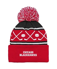 Youth Boys and Girls Red Chicago Blackhawks Face-Off Cuffed Knit Hat with Pom