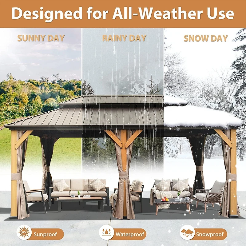 Streamdale Cedar and Steel Hardtop Gazebo with Curtains