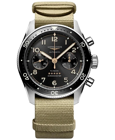Longines Men's Swiss Automatic Chronograph Spirit Flyback Beige Nato Strap Watch 42mm