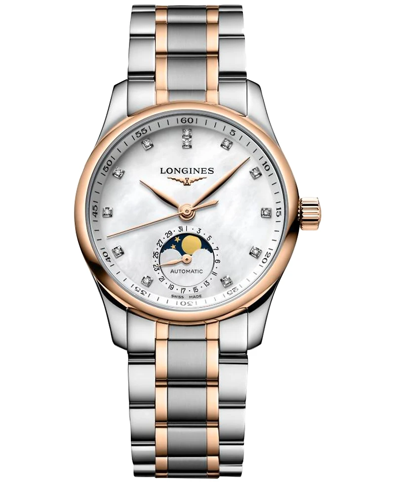 Longines Women's Swiss Automatic The Longines Master Diamond (1/20 ct. t.w.) 18k Rose Gold & Stainless Steel Bracelet Watch 34mm