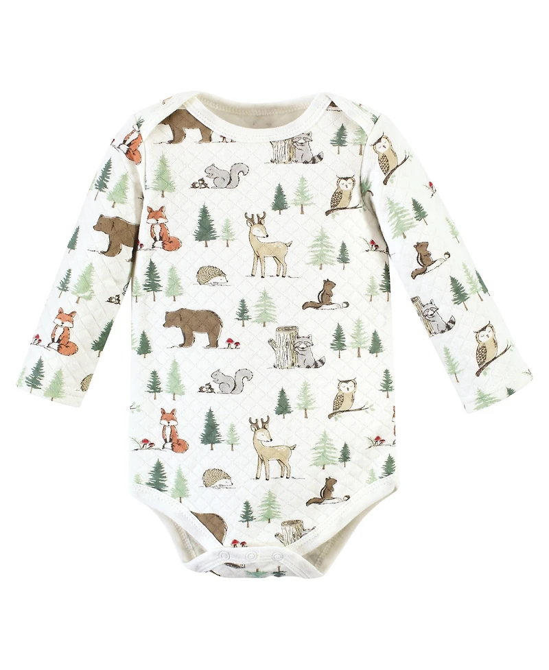 Hudson Baby Boys or Girls Quilted Long Sleeve Cotton Bodysuits, Forest Animals, Months