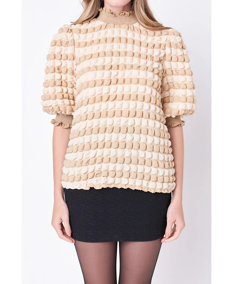 Women's Textured Mock Neck Short Sleeve Blouse