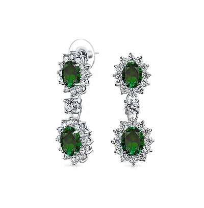 Bling Jewelry Art Deco Style Crown Halo Oval Cubic Zirconia Green Cz Fashion Dangle Drop Earrings Prom Rhodium Plated