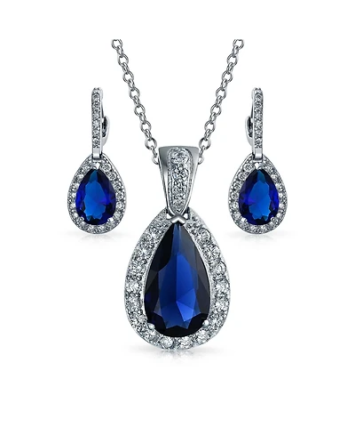 Bling Jewelry Classic Fashion Pear Shape Solitaire Teardrop Halo Cz Cubic Zirconia Pendant Necklace Matching Drop Earrings Set Silver Plated