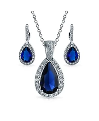 Bling Jewelry Classic Fashion Pear Shape Solitaire Teardrop Halo Cz Cubic Zirconia Pendant Necklace Matching Drop Earrings Set Silver Plated