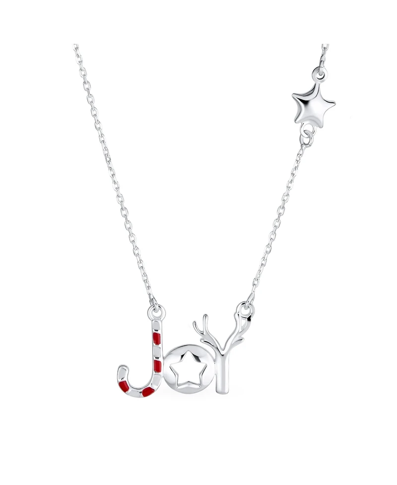 Bling Jewelry Winter Holiday Stripe Red Green Enamel Peppermint Candy Cane Star Christmas Word Joy Necklace Sterling Silver