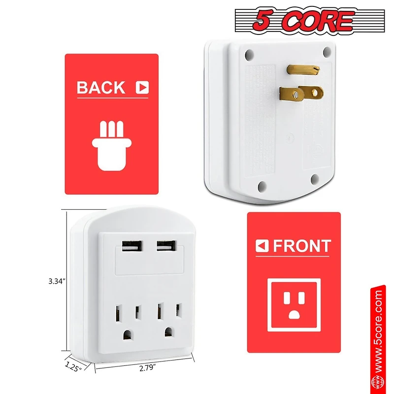 5 Core European Travel Plug Adapter, International Power Plug w/ 2 Usb, 2 Outlet Surge Protector Adaptor Charger