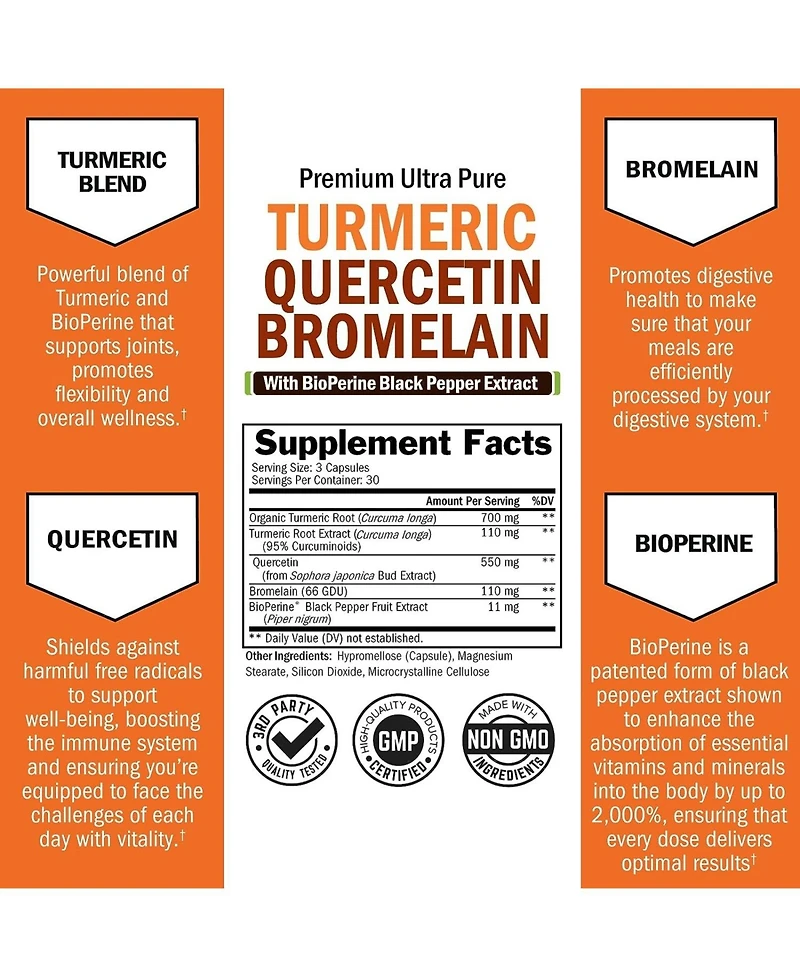Turmeric Curcumin with BioPerine, Quercetin, Bromelain - Organic Turmeric Supplement