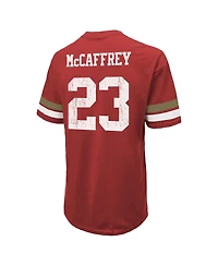 Men's Majestic Threads Christian McCaffrey Scarlet Distressed San Francisco 49ers Name and Number Oversize Fit T-shirt