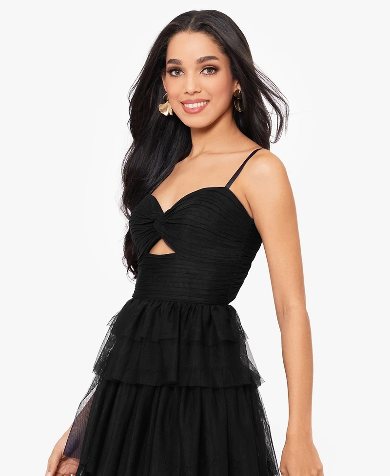 Blondie Nites Juniors' Tiered-Mesh Cut-Out Dress