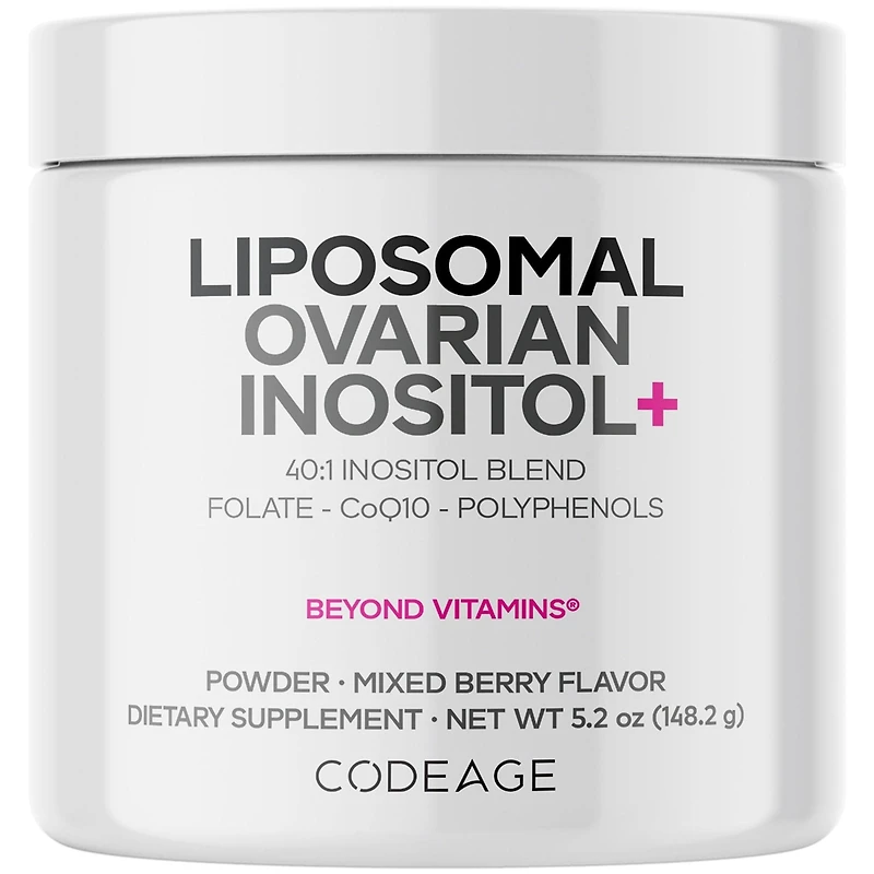 Codeage Liposomal Ovarian Inositol Powder - Myo-Inositol & D-Chiro-Inositol 40:1 Blend, Folate 5-mthf, CoQ10, Pte & Wild Blueberry - 2-Month Supply