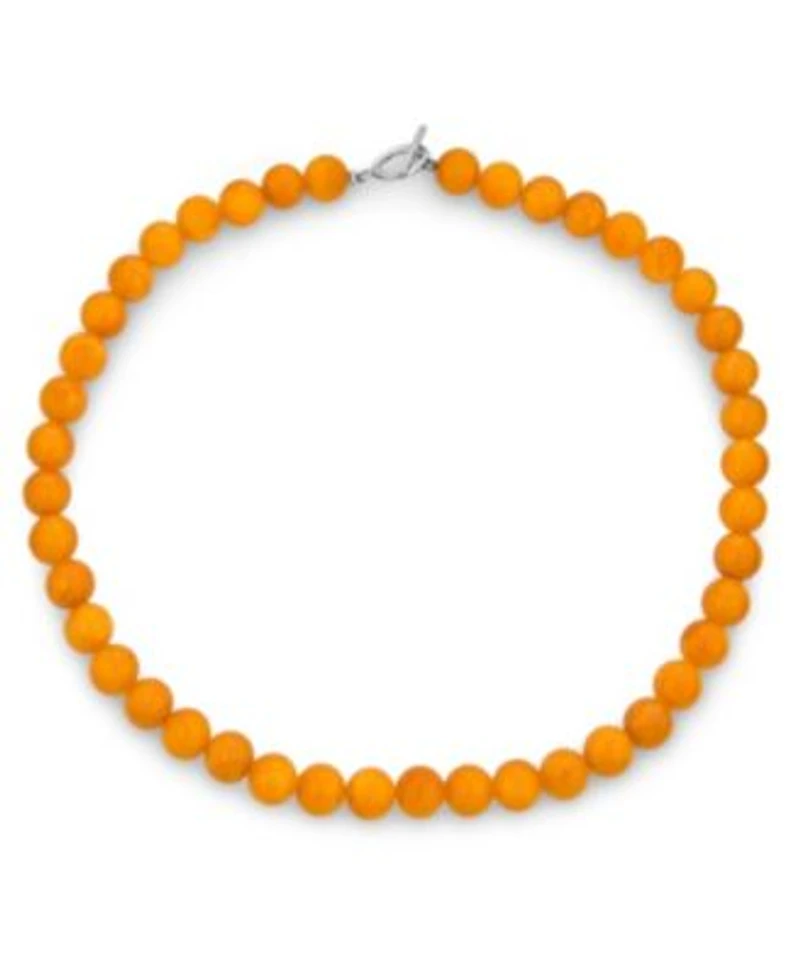 Bling Jewelry Plain Simple Smooth Classic Yellow Orange Created Synthetic Jade Round 10MM Bead Strand Necklace Silver Plated Toggle Clasp