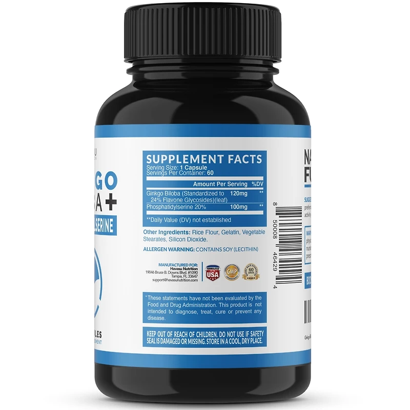 Ginkgo Biloba 120mg Capsules, Supports Brain Health, Mental Alertness, Memory & Focus, Havasu Nutrition, 60ct