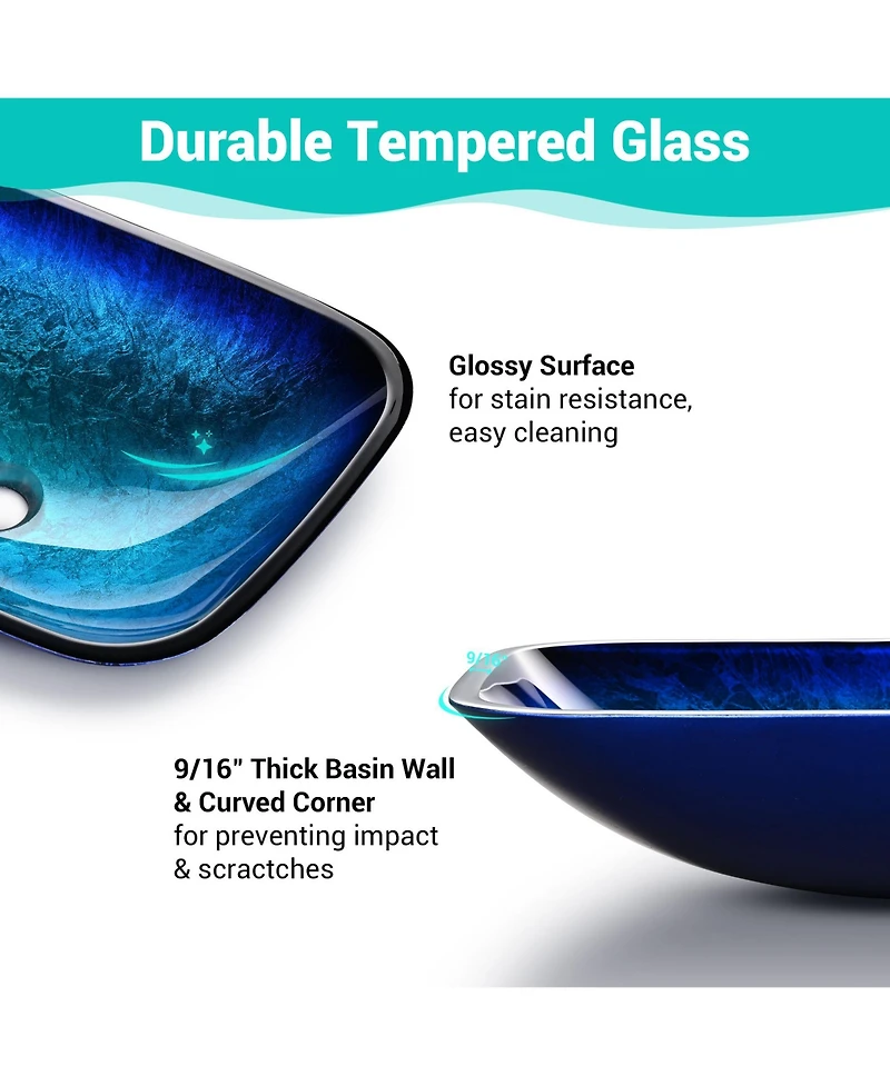 Aquaterior Tempered Glass Sink Transitional Style Basin Waterfall Faucet Kit