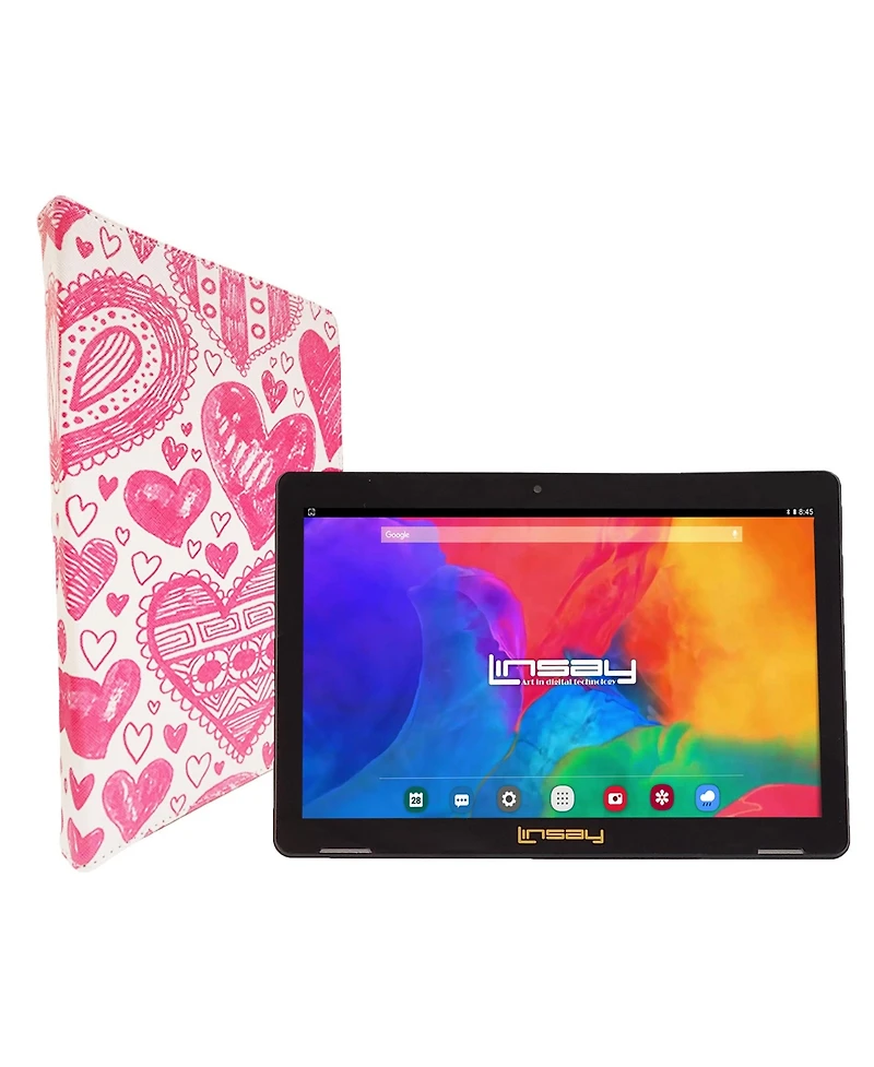 Linsay New 10.1" Tablet Octa Core 128GB Bundle with "Love" Protective Portfolio Case Newest Android 13 Dual Camera