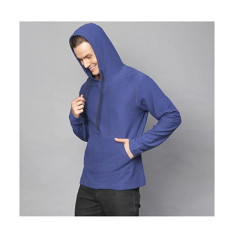 Campus Sutra Men's Electric Blue Pullover Hoodie With Contrast Drawstring