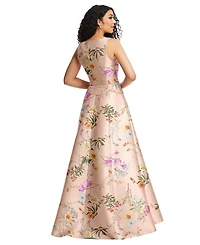 Alfred Sung Women's Boned Corset Closed-Back Floral Satin Gown with Full Skirt