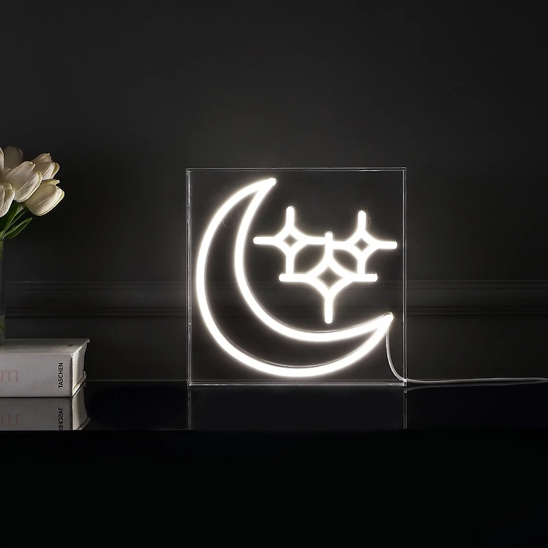 Jonathan Y Starry Crescent Square Contemporary Glam Acrylic Box Usb Operated Led Neon Light