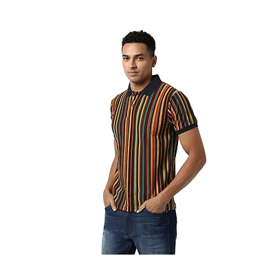 Campus Sutra Men's Yellow & Green Candy Striped Polo T-Shirt