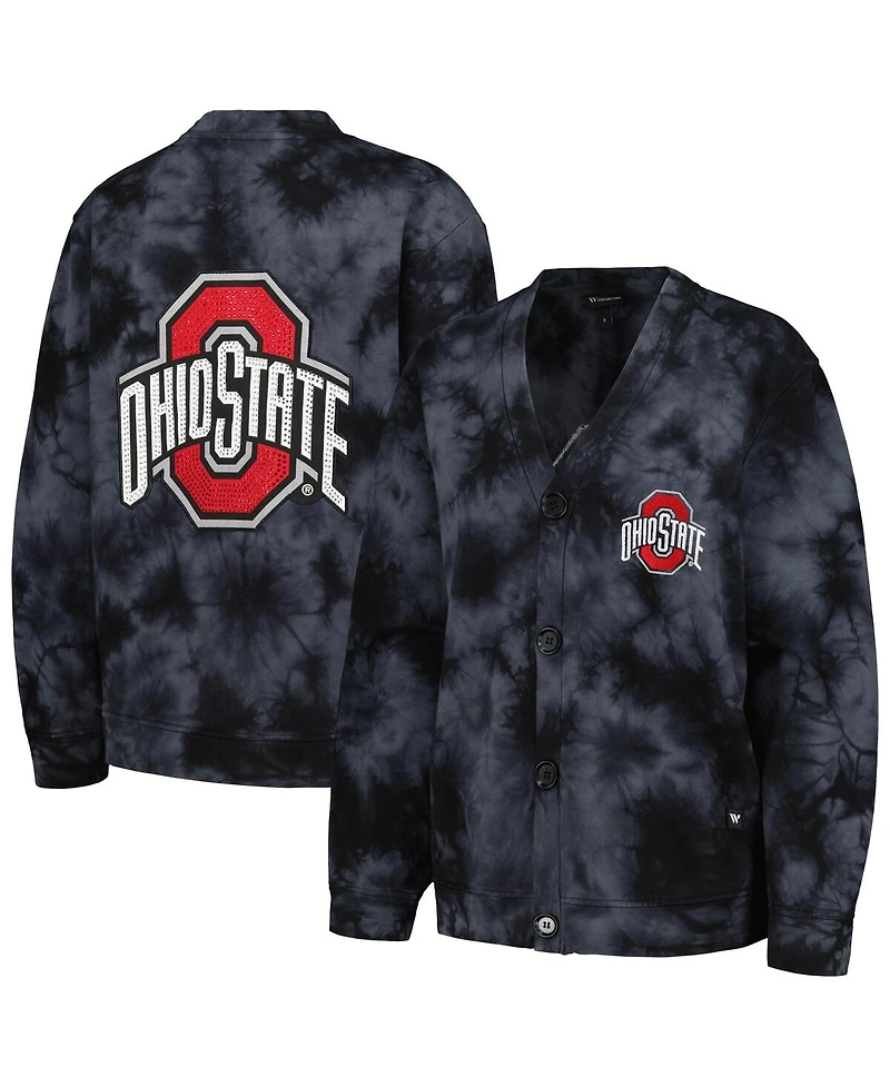 Women's The Wild Collective Black Ohio State Buckeyes Jeweled Tie-Dye Button-Up V-Neck Sweater