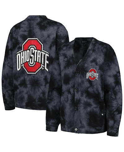 Women's The Wild Collective Black Ohio State Buckeyes Jeweled Tie-Dye Button-Up V-Neck Sweater