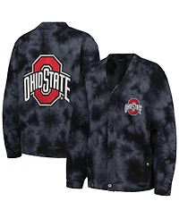 Women's The Wild Collective Black Ohio State Buckeyes Jeweled Tie-Dye Button-Up V-Neck Sweater