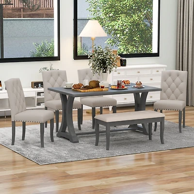 Simplie Fun 6-Piece Farmhouse Dining Table Set, Rectangular Trestle Table And 4 Upholstered Chairs & Bench